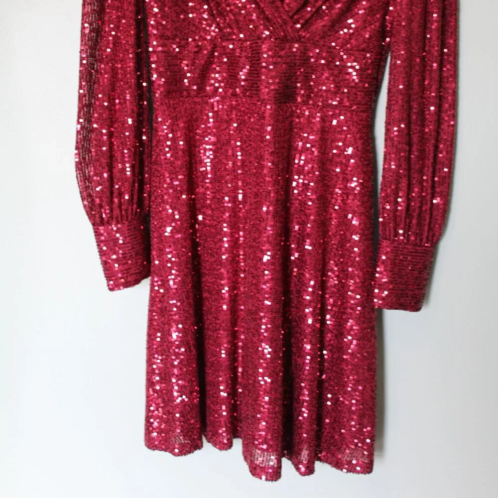 Le Château Women's Wine Red Sequin Dress With Sleeves - Picture 3 of 6